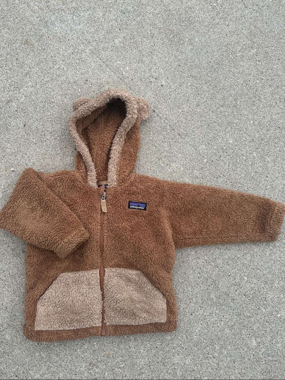 Patagonia Teddy Bear Sherpa Hoodie in Brown and Cream